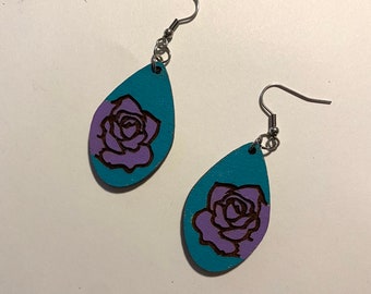 Purple Rose Silhouette Dangle Earrings, Wood Floral Earrings, Laser Cut Earrings, Large Lightweight Earrings, Wedding Earrings