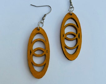 Yellow Geometric Oval Wood Earrings, Dangle earrings, Gifts for her, Laser cut earrings