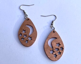 Bronze Star and Moon Wood Dangle Earrings, Hand Painted Earrings, Wood Cut Earrings, Large Lightweight Teardrop Earrings,holiday earrings