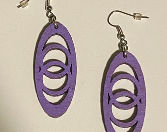 Purple Geometric Oval Wood Earrings, Dangle earrings, Gifts for her, Laser cut earrings