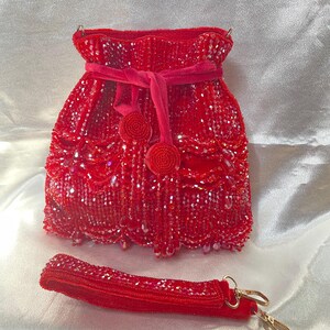 Handmade red crystal Potli bag with beaded tassles/luxury wedding purse/bridal/festival/gift for her/party clutch Potli bag