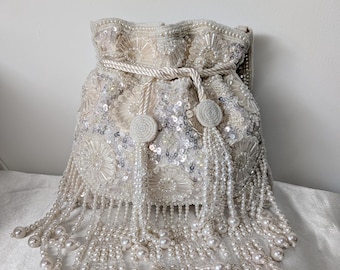 Luxury embellishments ivory Batua/Batua evening bag with pearl tassls•bridal•wedding•festival