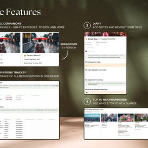 Add travel companions, keep a log of notes in the diary,keep track of reservations and bookings, all in one Notion travel planner.