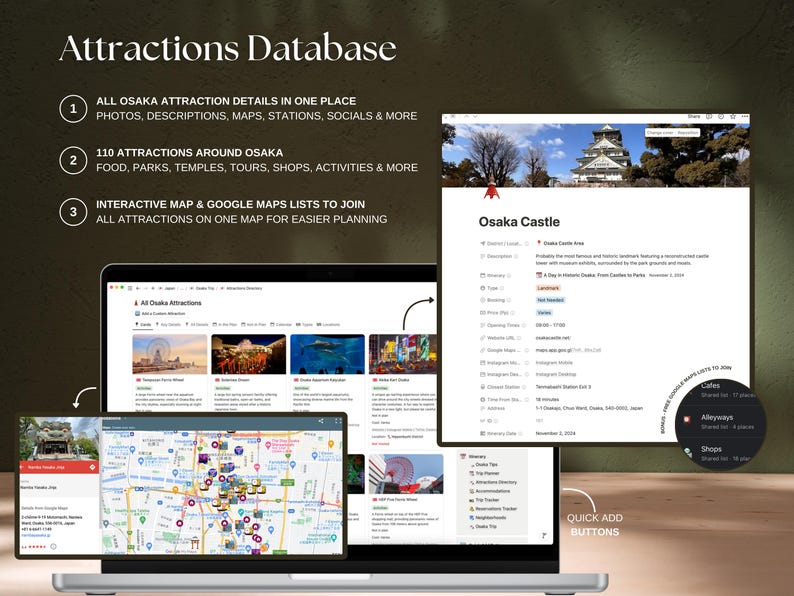 110 attractions around Osaka in one template. Pick and choose whichever you like to build your own itinerary. Add your own as you need.