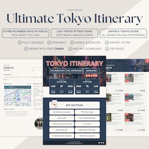 Canva Tokyo Itinerary | Tokyo Trip Planner | Japan Travel Guide | 1-10 Day Tokyo Travel Itinerary | Digital Canva Template | PDF Itinerary