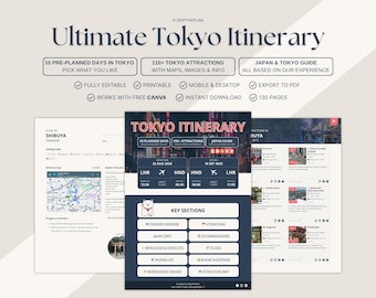 Tokyo Itinerary Canva Template | 1-10 Day Tokyo Trip Planner, Printable Tokyo Travel Guide, PDF Itinerary