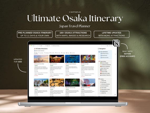 Osaka Itinerary and Japan Travel Planner: Notion Travel Template Japan Planner Guide 11-Day Osaka Plan Japan Itinerary Trip Travel Planner