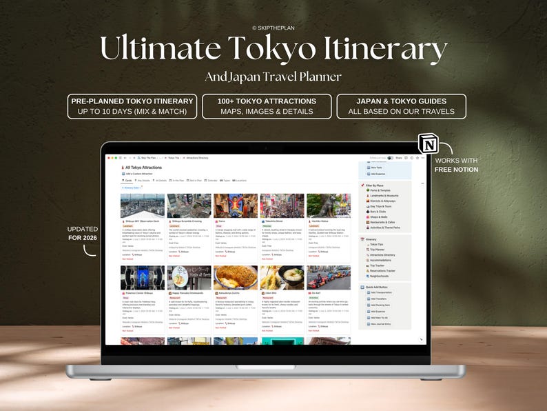 Itinerario y guía de viaje a Tokio / Plan flexible de 1 a 10 días en Tokio, más de 110 atracciones, planificador de viajes a Tokio (plantilla de Notion) imagen 1
