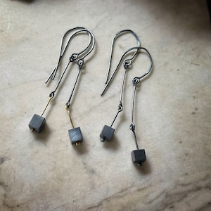 Modern, swingy long oxidized sterling silver or two tone earrings