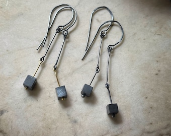 Modern, swingy long oxidized sterling silver or two tone earrings