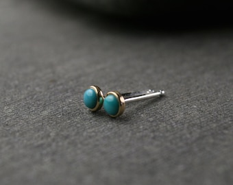 TIny untreated natural turquoise and 18k yellow gold bezel set stud earrings 3mm