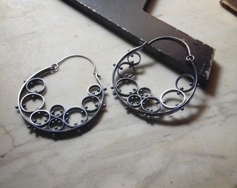 XL Sterling silver unique multi cell oxidized hoop earrings with pins