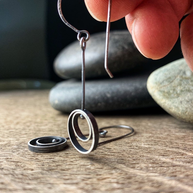 Oxidized sterling silver kinetic dangle earrings Hanging Orbit image 3