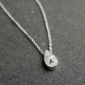 Tiny sterling silver pear shaped initial monogram personalized drop pendant necklace