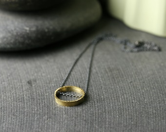 18k yellow gold and oxidized sterling silver hammered circle necklace pendant