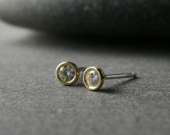 3mm Tiny bezel set 18k yellow gold and round brilliant cut moissanite stud earrings quarter carat