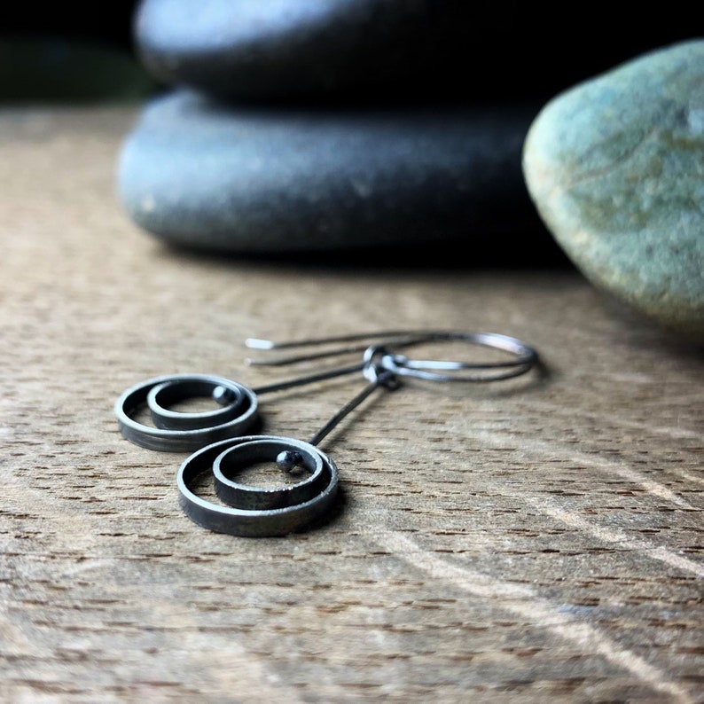 Oxidized sterling silver kinetic dangle earrings Hanging Orbit image 5