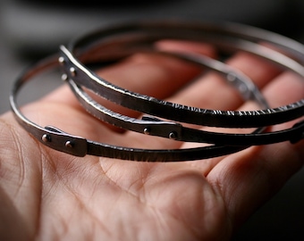 Sterling silver textured and pinned roughneck oxidized bangle bracelet