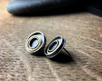 Sterling silver and 18k yellow gold oxidized concentric circle post earrings Orbit