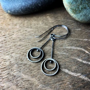 Oxidized sterling silver kinetic dangle earrings Hanging Orbit image 1