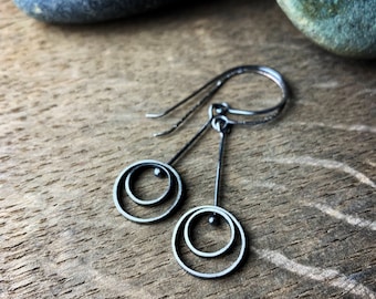 Oxidized sterling silver kinetic dangle earrings  Hanging Orbit