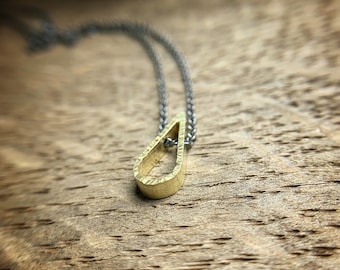 18k yellow gold and oxidized sterling silver teardrop textured pendant necklace