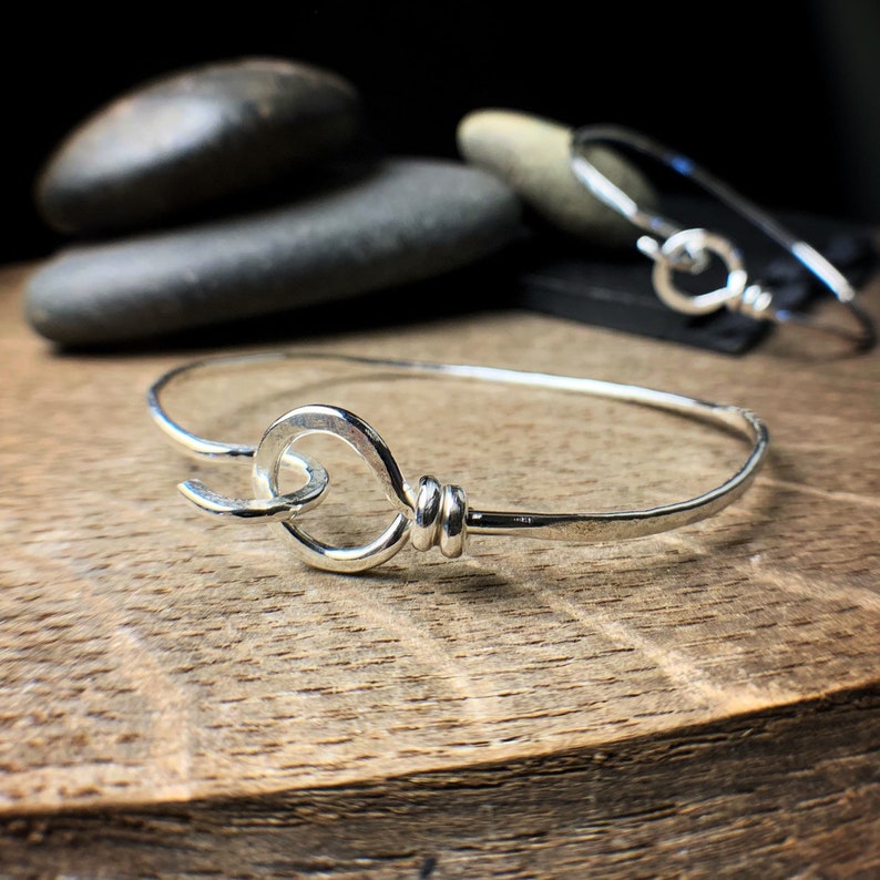 Sterling silver hammered bangle hook and loop bracelet image 1