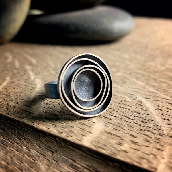 Modern sterling silver ring with oxidized concentric circles, Orbit
