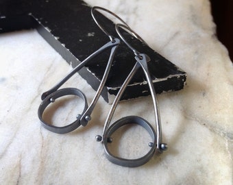 Modern pinned circle earrings oxidized sterling silver