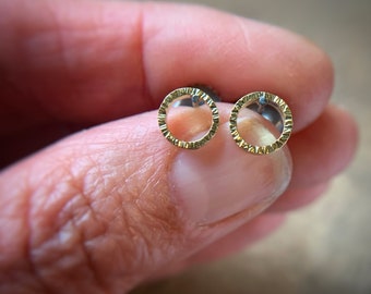 18k yellow gold hammered circle earrings with oxidized sterling silver posts and backs two tone