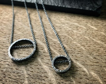 Hammered edge textured sterling silver circle pendant - two sizes available - bright or oxidized