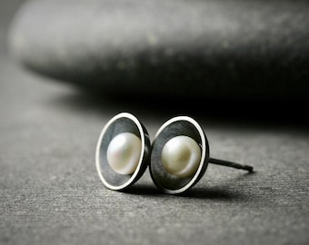 Freshwater modern pearl and oxidized sterling silver post stud earrings