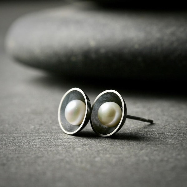 Freshwater modern pearl and oxidized sterling silver post stud earrings
