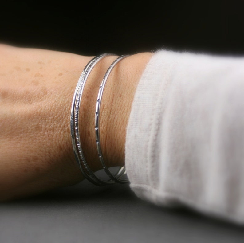 Sterling silver bangle bracelets textured stacking set of Etsy