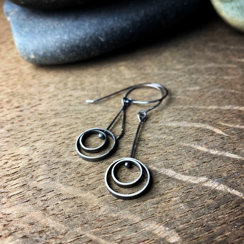 Oxidized sterling silver kinetic dangle earrings Hanging Orbit image 2