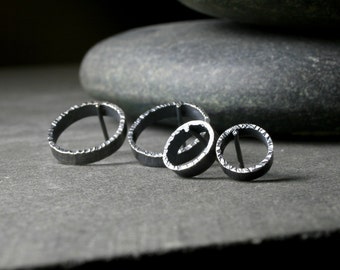 hammered edge textured sterling silver open hoop circle post earrings bright and oxidized - 2 sizes available