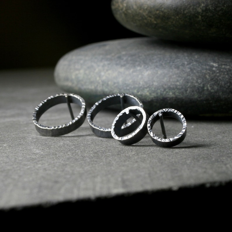 hammered edge textured sterling silver open hoop circle post earrings bright and oxidized 2 sizes available image 1