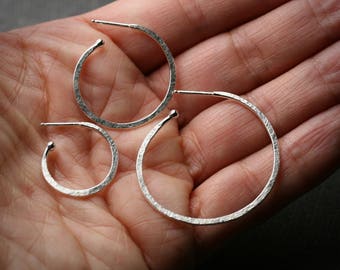 Sterling silver half hammered hoop earrings with post and backs - three sizes available