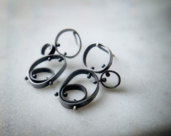 Sterling silver modern pinned circle post earrings oxidized