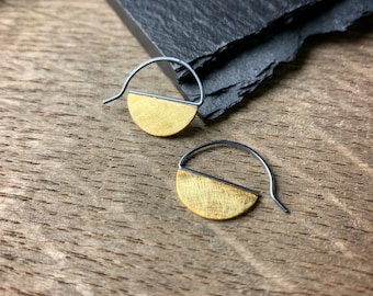 18k yellow gold and oxidized sterling silver modern half circle hoop earrings