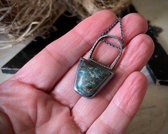 Shattuckite and oxidized sterling silver modern pendant