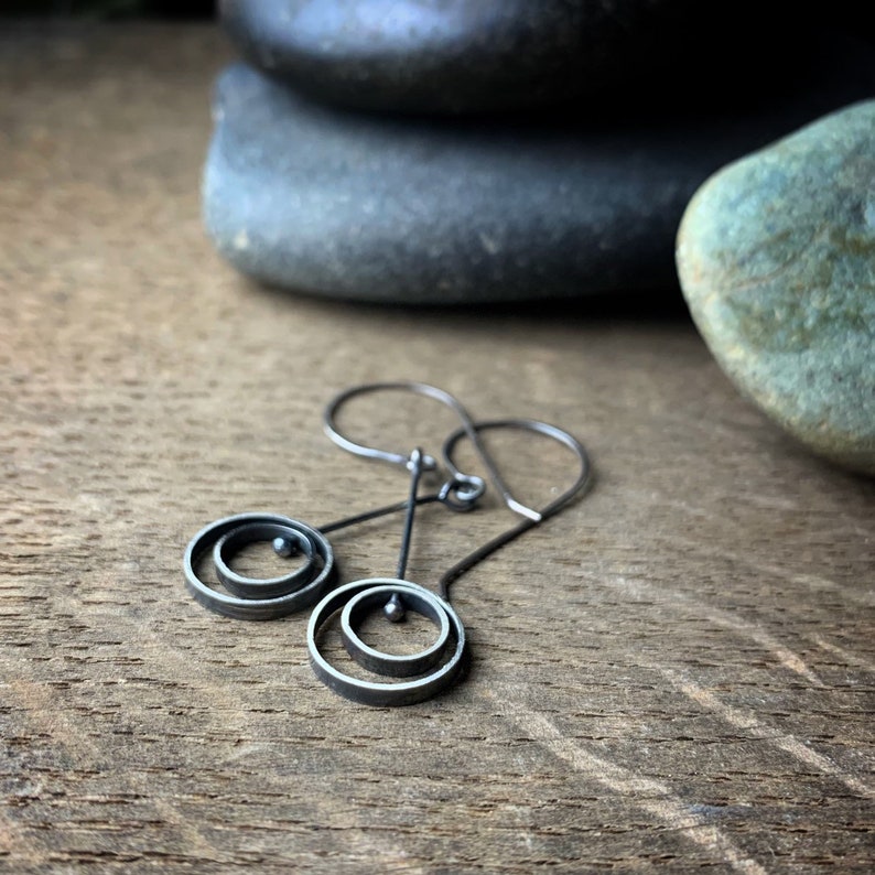 Oxidized sterling silver kinetic dangle earrings Hanging Orbit image 7