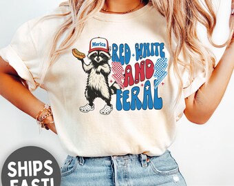 Rot, weiß und wildes Shirt, Comfort Colors® 4. Juli Shirt, wildes Waschbär-T-Shirt, wildes Mädchen, patroitisches Shirt, Unabhängigkeitstag-Amerika-Shirt