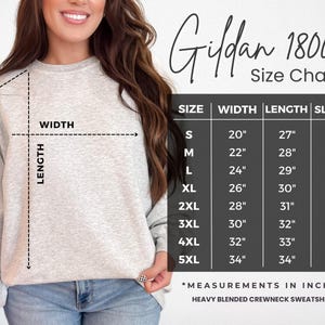 May include: A light gray crewneck sweatshirt with a size chart. The chart shows measurements in inches for width, length, and sleeve length, ranging from size small to 5XL. The text "Gildan 18000" is at the top.