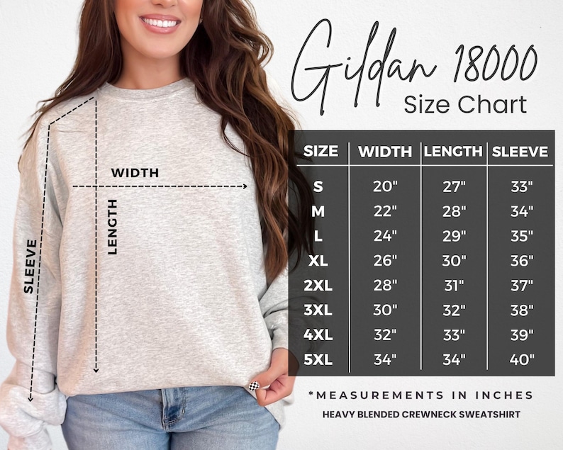 May include: A light gray crewneck sweatshirt with a size chart. The chart shows measurements in inches for width, length, and sleeve length, ranging from size small to 5XL. The text "Gildan 18000" is at the top.