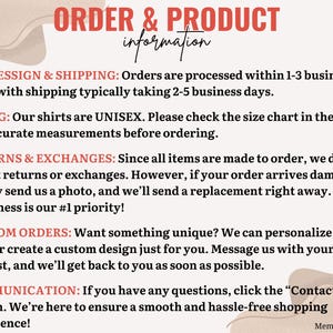 May include: Cream-colored graphic with the text "ORDER & PRODUCT information" in red. Below, it lists information about processing, shipping, sizing, returns, custom orders, and communication. The text is in black, with a small logo in the bottom right corner.