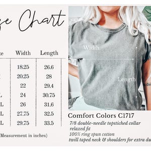 May include: A size chart with measurements in inches for t-shirts, including width and length for sizes S to 4XL. The image also shows a gray t-shirt and details about the fabric and construction.