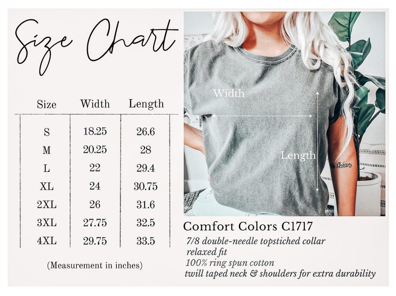 May include: A size chart with measurements in inches for t-shirts, including width and length for sizes S to 4XL. The image also shows a gray t-shirt and details about the fabric and construction.