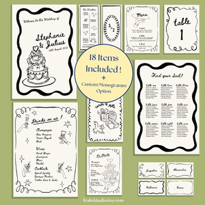 Flourish Noir Hochzeitstag-Bundle | Skurrile Hand gezeichnete Hochzeits-Beschilderung | Bearbeitbares Willkommensschild, Menü, Barschild, Tischkarten, Programm