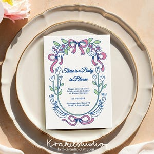 Invitación floral caprichosa para baby shower / Plantilla digital dibujada a mano / Diseño de cinta botánica vintage / 5x7 / A5